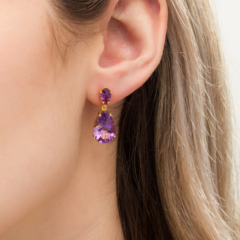 Pear-Shaped Amethyst Double Teardrop Earrings in Sterling Silver with 10K Gold Plate