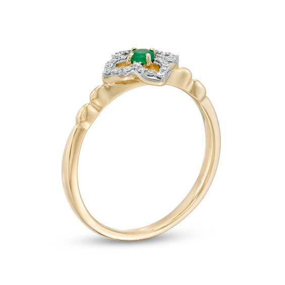 3.0mm Emerald and 1/10 CT. T.w. Diamond Open Petal Frame Scallop Shank Flower Ring in 10K Gold