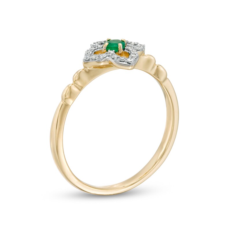 Main Image 3 of 3.0mm Emerald and 1/10 CT. T.W. Diamond Open Petal Frame Scallop Shank Flower Ring in 10K Gold