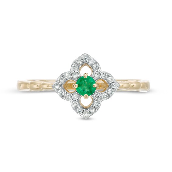 3.0mm Emerald and 1/10 CT. T.w. Diamond Open Petal Frame Scallop Shank Flower Ring in 10K Gold
