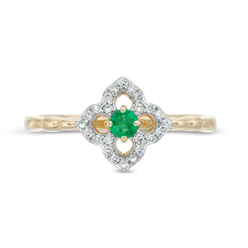 Main Image 4 of 3.0mm Emerald and 1/10 CT. T.W. Diamond Open Petal Frame Scallop Shank Flower Ring in 10K Gold