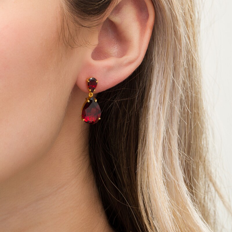 Main Image 2 of Pear-Shaped Garnet Double Teardrop Earrings in Sterling Silver with 10K Gold Plate