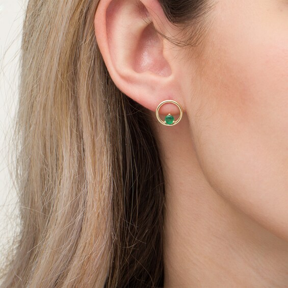 4.0mm Emerald Solitaire Open Circle Stud Earrings in 10K Gold