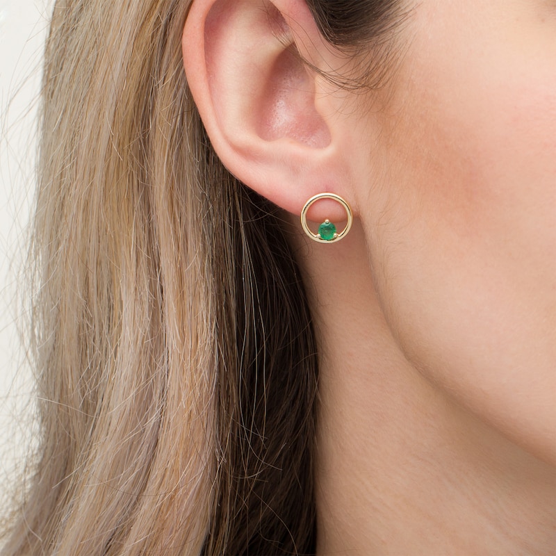 Main Image 2 of 4.0mm Emerald Solitaire Open Circle Stud Earrings in 10K Gold