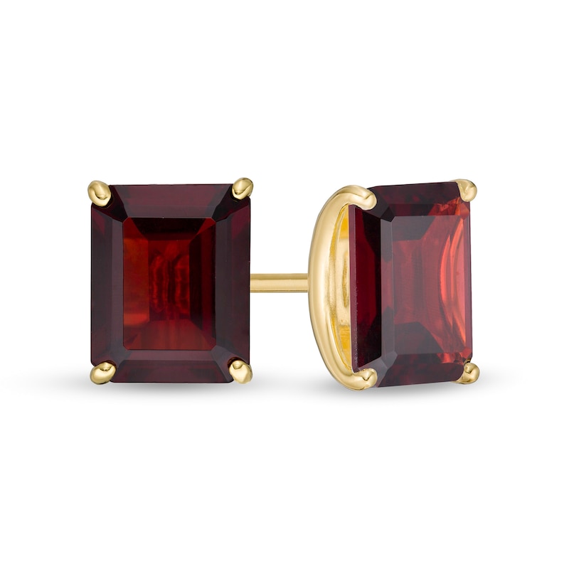 Main Image 1 of Emerald-Cut Garnet Solitaire Stud Earrings in Sterling Silver with 18K Gold Plate