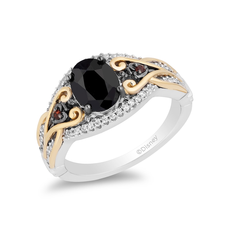 Main Image 1 of Enchanted Disney Villains Evil Queen Oval Onyx, Garnet and 1/6 CT. T.W. Diamond Ring in Sterling Silver and 10K Gold