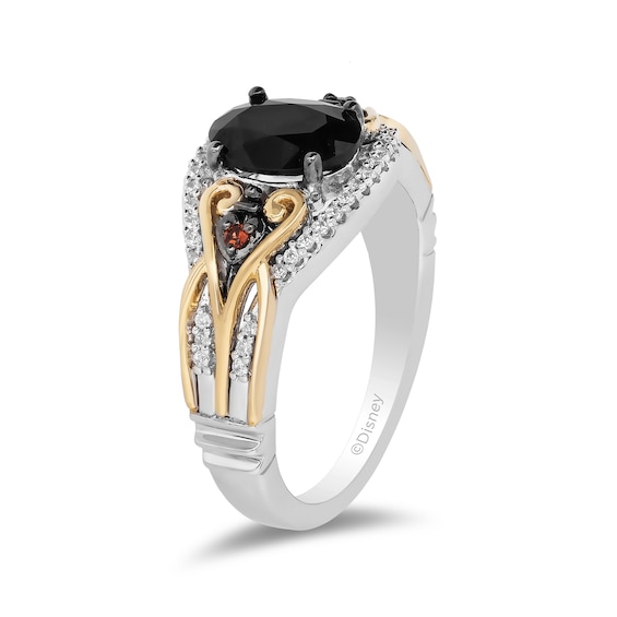 Enchanted Disney Villains Evil Queen Oval Onyx, Garnet and 1/6 CT. T.w. Diamond Ring in Sterling Silver and 10K Gold