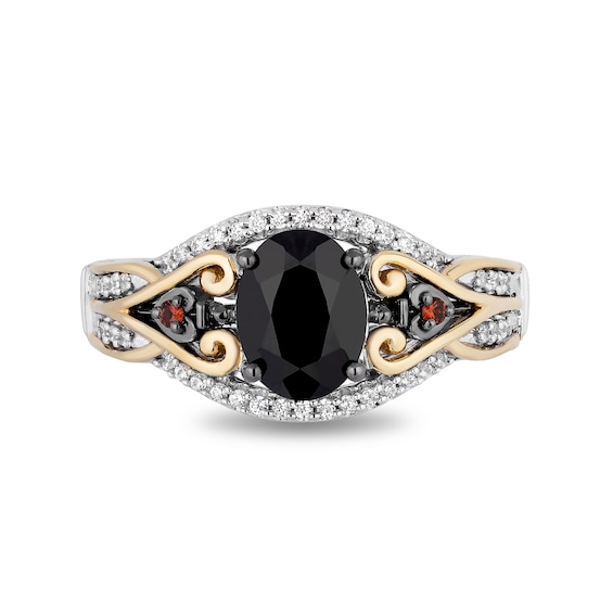 Enchanted Disney Villains Evil Queen Oval Onyx, Garnet and 1/6 CT. T.w. Diamond Ring in Sterling Silver and 10K Gold