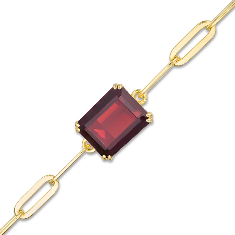 Main Image 1 of Emerald-Cut Garnet Solitaire Paper Clip Chain Bracelet in Sterling Silver with 18K Gold Plate - 7.25"