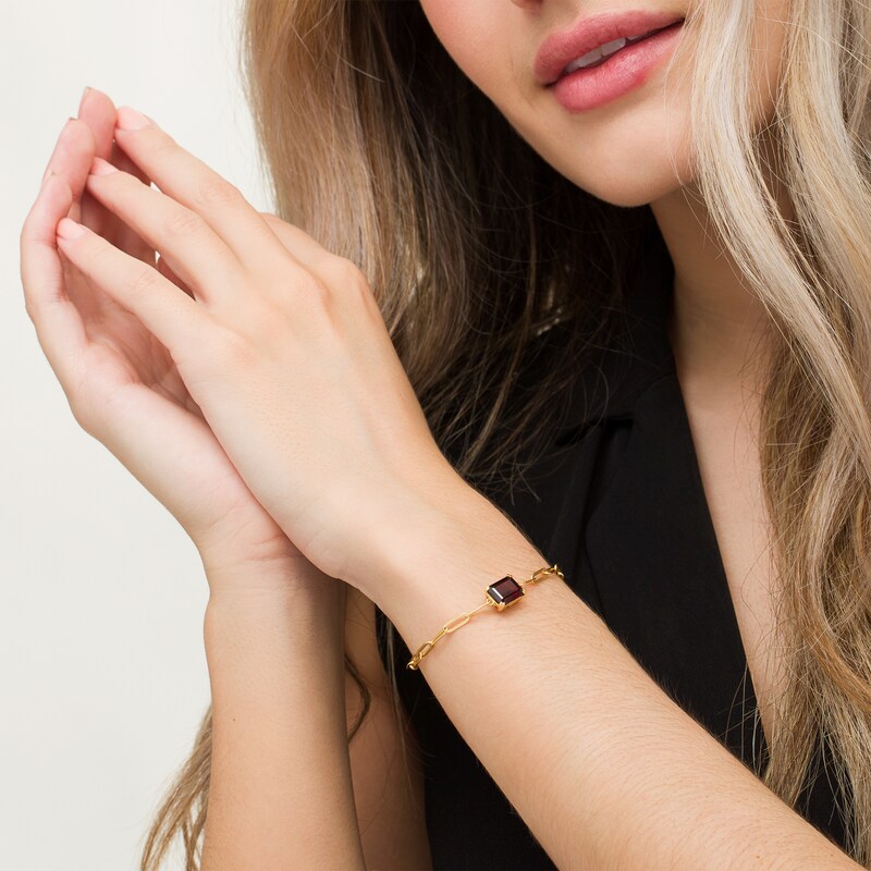 Main Image 2 of Emerald-Cut Garnet Solitaire Paper Clip Chain Bracelet in Sterling Silver with 18K Gold Plate - 7.25"