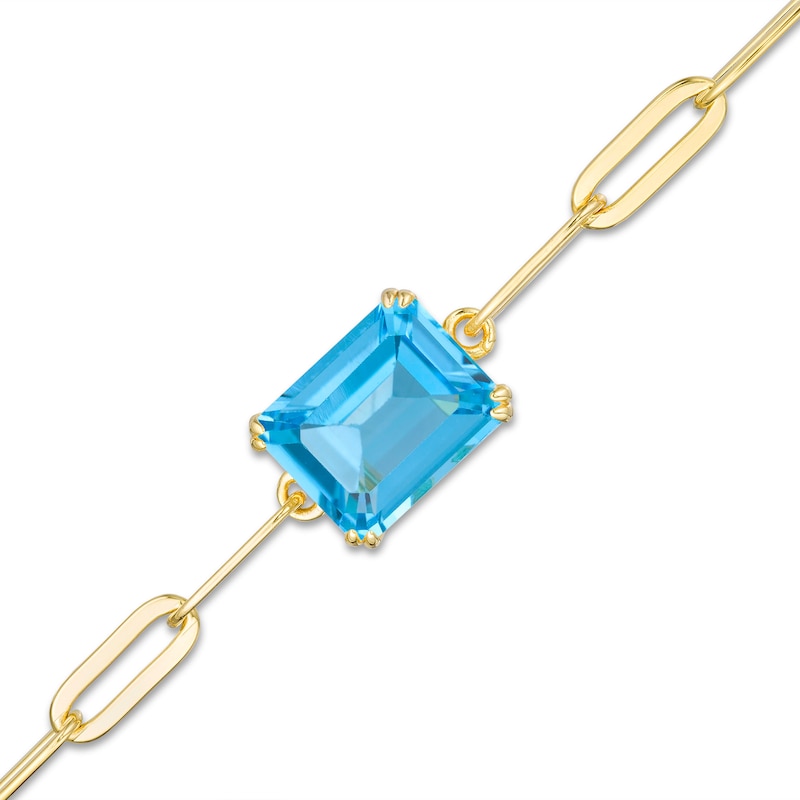 Main Image 1 of Emerald-Cut Swiss Blue Topaz Solitaire Paper Clip Chain Bracelet in Sterling Silver with 18K Gold Plate - 7.25"
