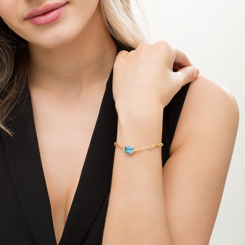 Main Image 2 of Emerald-Cut Swiss Blue Topaz Solitaire Paper Clip Chain Bracelet in Sterling Silver with 18K Gold Plate - 7.25"