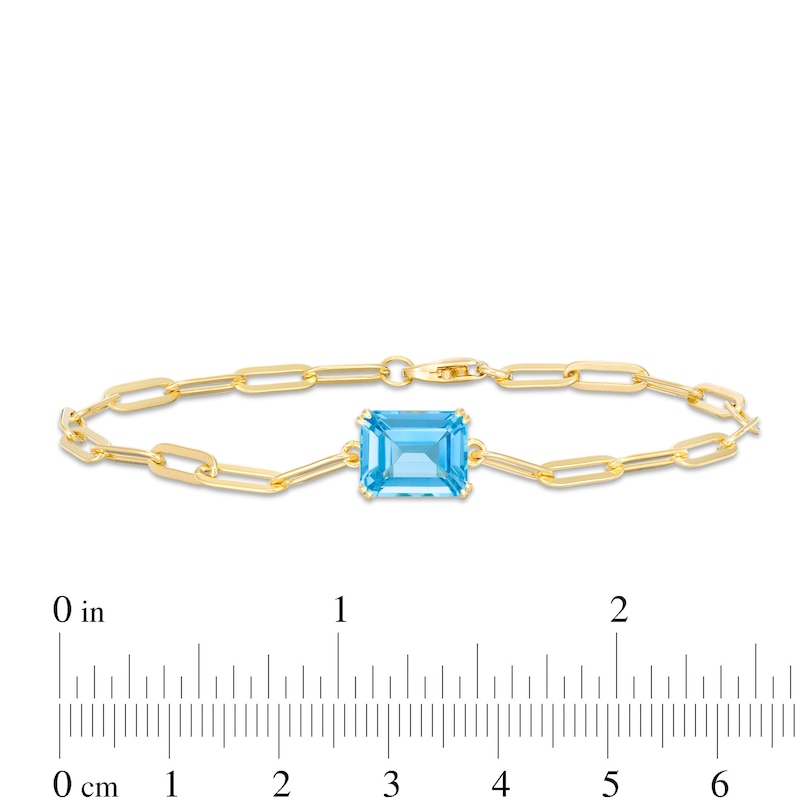 Main Image 4 of Emerald-Cut Swiss Blue Topaz Solitaire Paper Clip Chain Bracelet in Sterling Silver with 18K Gold Plate - 7.25"