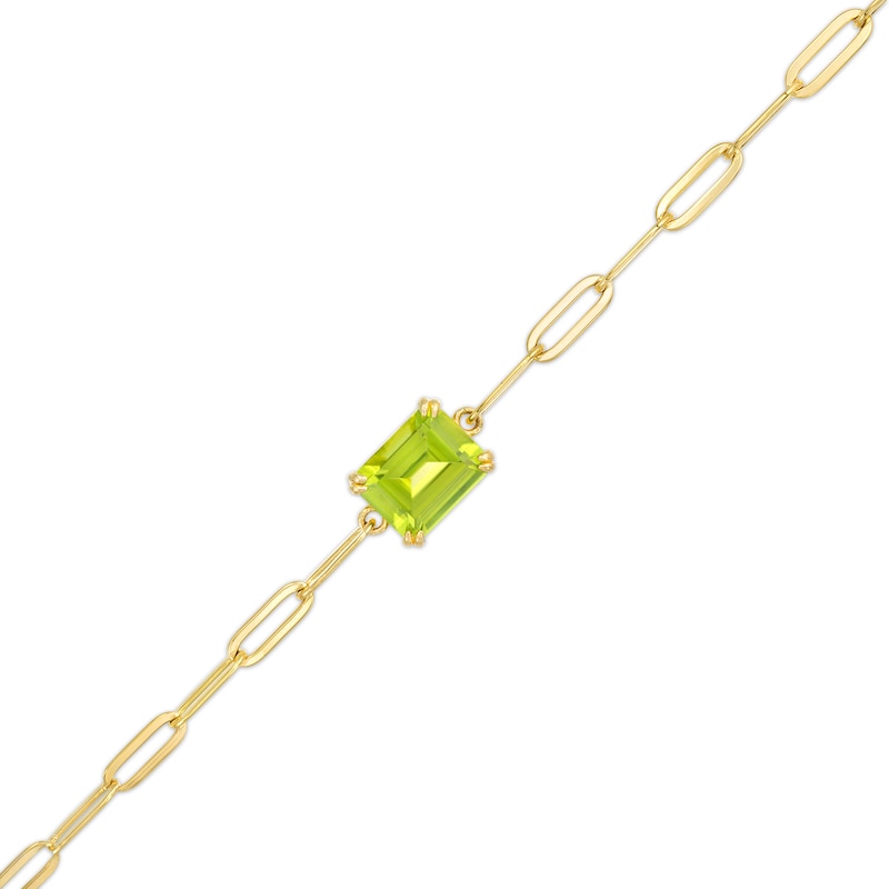 Main Image 1 of Emerald-Cut Peridot Solitaire Paper Clip Chain Bracelet in Sterling Silver with 18K Gold Plate - 7.25"