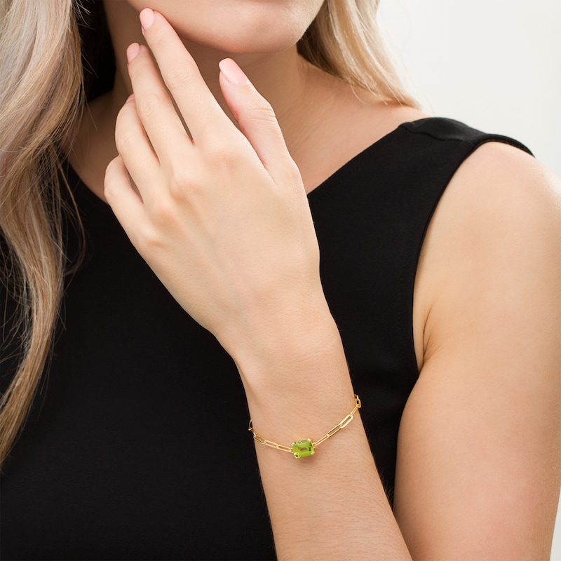 Main Image 2 of Emerald-Cut Peridot Solitaire Paper Clip Chain Bracelet in Sterling Silver with 18K Gold Plate - 7.25"