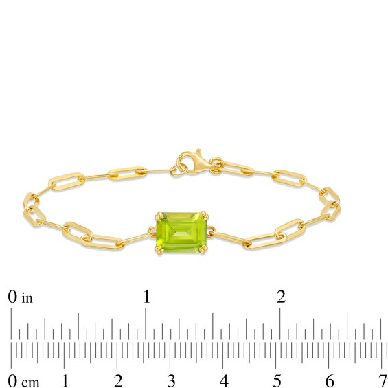 Emerald-Cut Peridot Solitaire Paper Clip Chain Bracelet in Sterling Silver with 18K Gold Plate - 7.25"