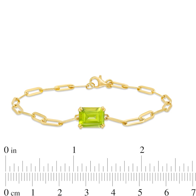 Main Image 4 of Emerald-Cut Peridot Solitaire Paper Clip Chain Bracelet in Sterling Silver with 18K Gold Plate - 7.25"