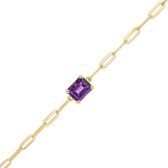Emerald-Cut Amethyst Solitaire Paper Clip Chain Bracelet in Sterling Silver with 18K Gold Plate - 7.25"