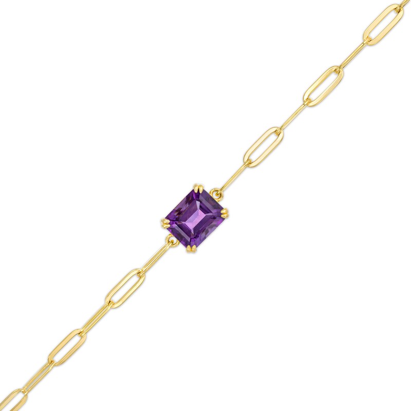 Main Image 1 of Emerald-Cut Amethyst Solitaire Paper Clip Chain Bracelet in Sterling Silver with 18K Gold Plate - 7.25"