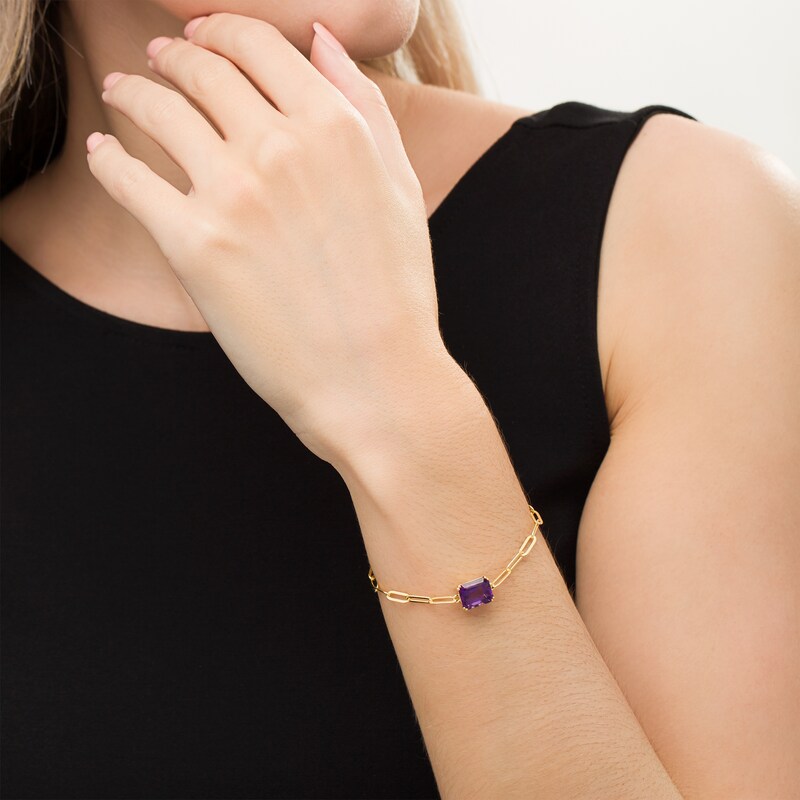 Main Image 2 of Emerald-Cut Amethyst Solitaire Paper Clip Chain Bracelet in Sterling Silver with 18K Gold Plate - 7.25"