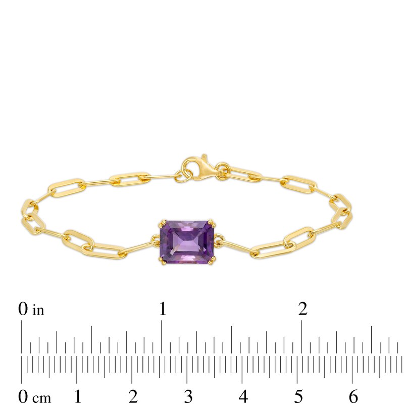 Main Image 4 of Emerald-Cut Amethyst Solitaire Paper Clip Chain Bracelet in Sterling Silver with 18K Gold Plate - 7.25"