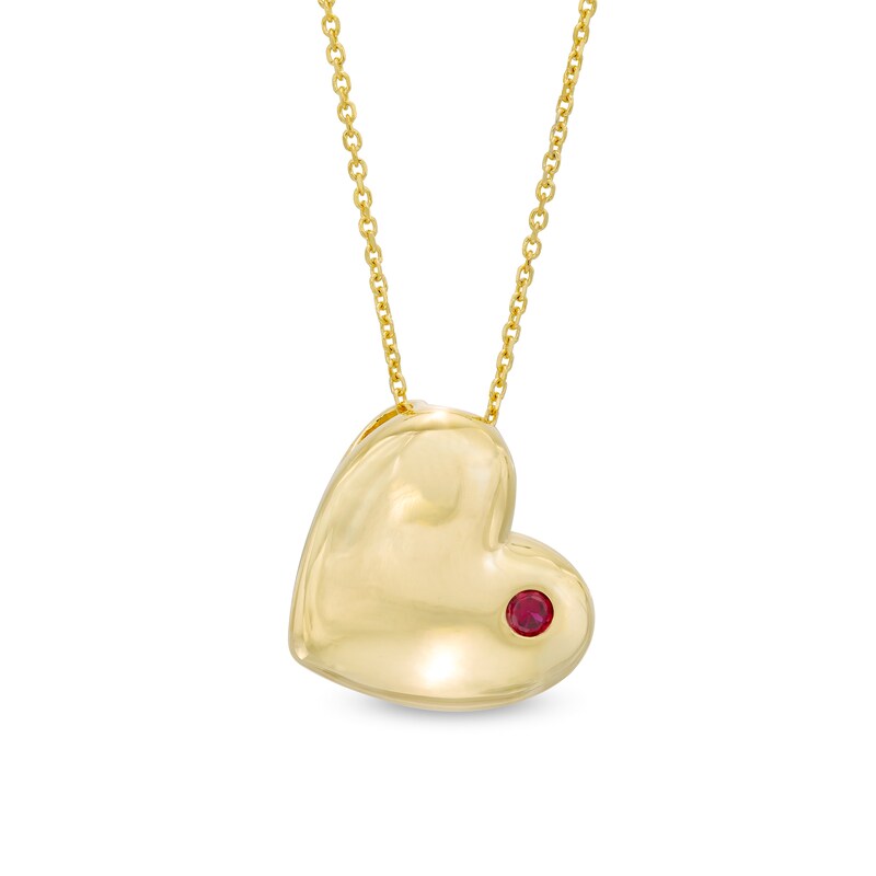 Main Image 1 of 4.0mm Lab-Created Ruby Solitaire Tilted Puff Heart Pendant in Sterling Silver with 10K Gold Plate