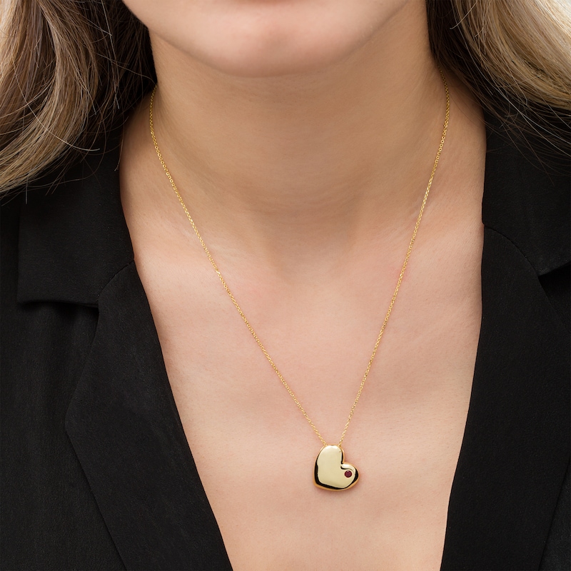 Main Image 2 of 4.0mm Lab-Created Ruby Solitaire Tilted Puff Heart Pendant in Sterling Silver with 10K Gold Plate
