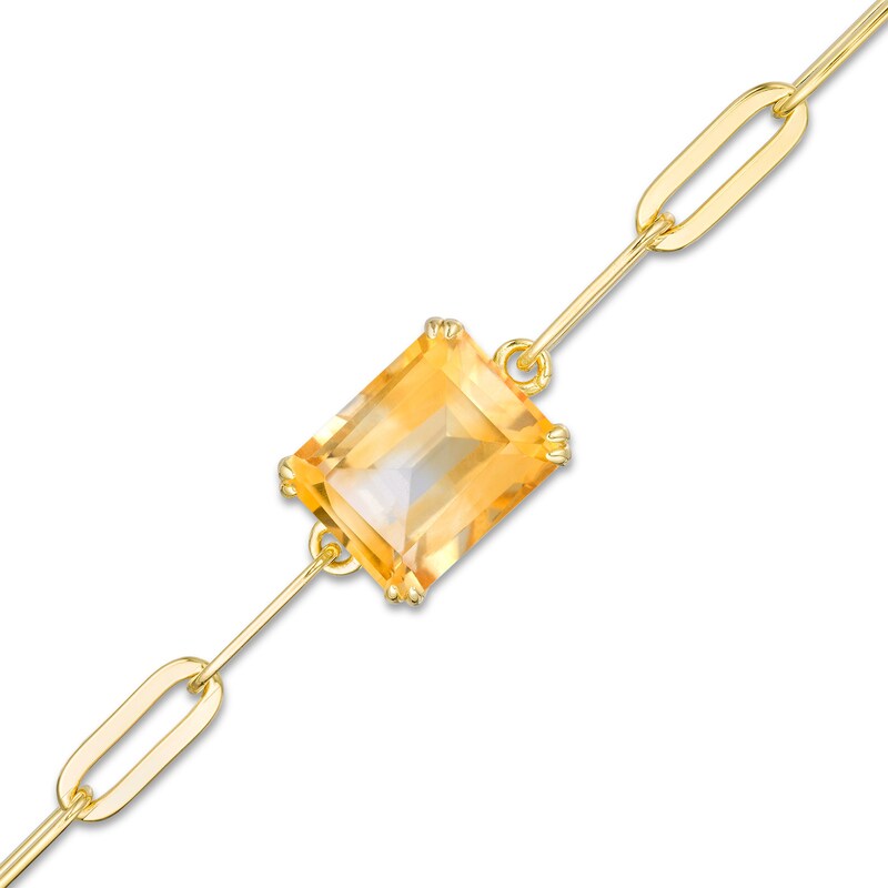 Main Image 1 of Emerald-Cut Citrine Solitaire Paper Clip Chain Bracelet in Sterling Silver with 18K Gold Plate - 7.25"