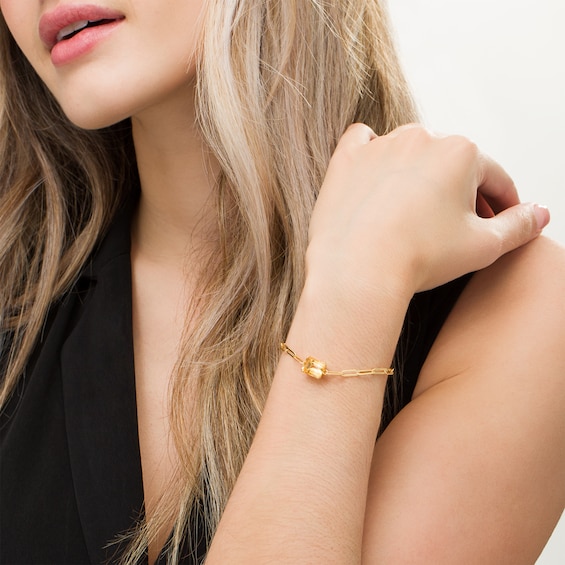Emerald-Cut Citrine Solitaire Paper Clip Chain Bracelet in Sterling Silver with 18K Gold Plate - 7.25"