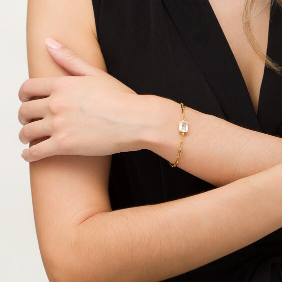 Emerald-Cut White Topaz Solitaire Paper Clip Chain Bracelet in Sterling Silver with 18K Gold Plate - 7.25"