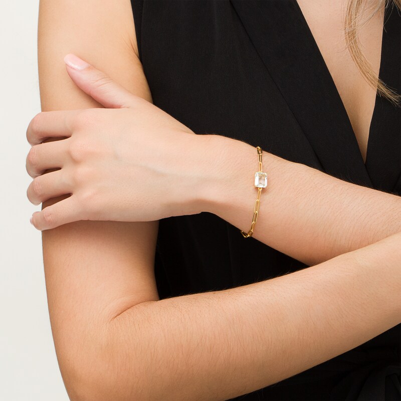 Main Image 2 of Emerald-Cut White Topaz Solitaire Paper Clip Chain Bracelet in Sterling Silver with 18K Gold Plate - 7.25"