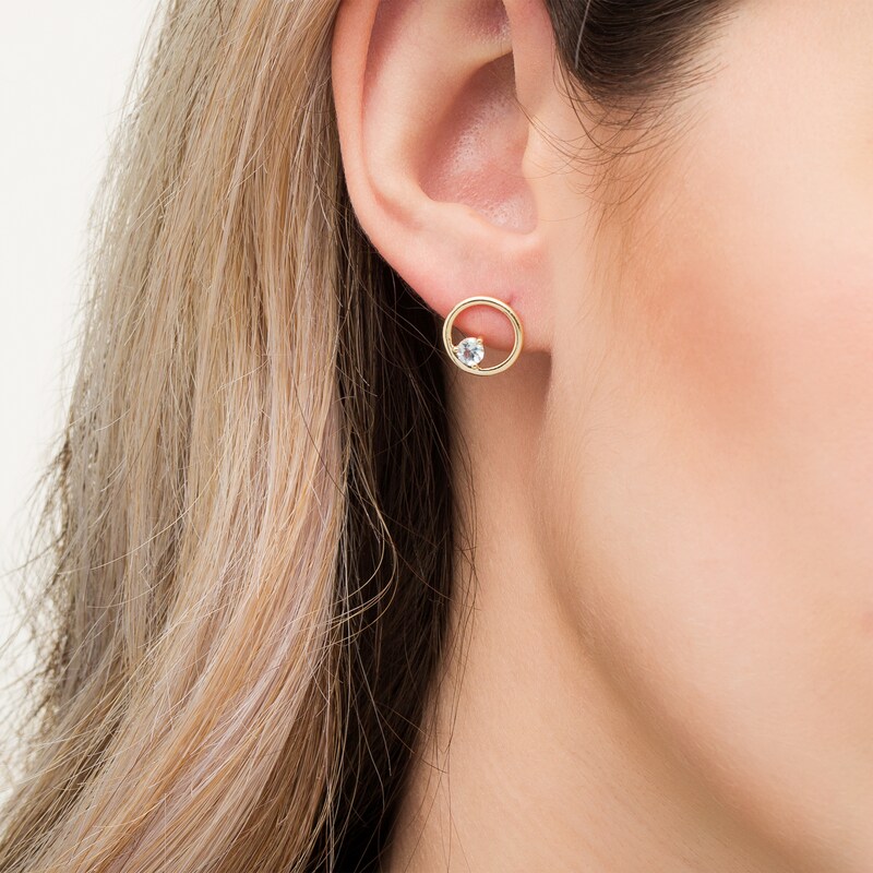 Main Image 2 of 4.0mm Aquamarine Solitaire Open Circle Stud Earrings in 10K Gold