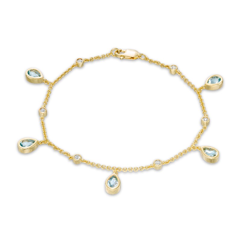 Main Image 1 of Pear-Shaped Aquamarine and White Topaz Teardrop Dangle Station Bracelet in Sterling Silver with 10K Gold Plate - 7.25"