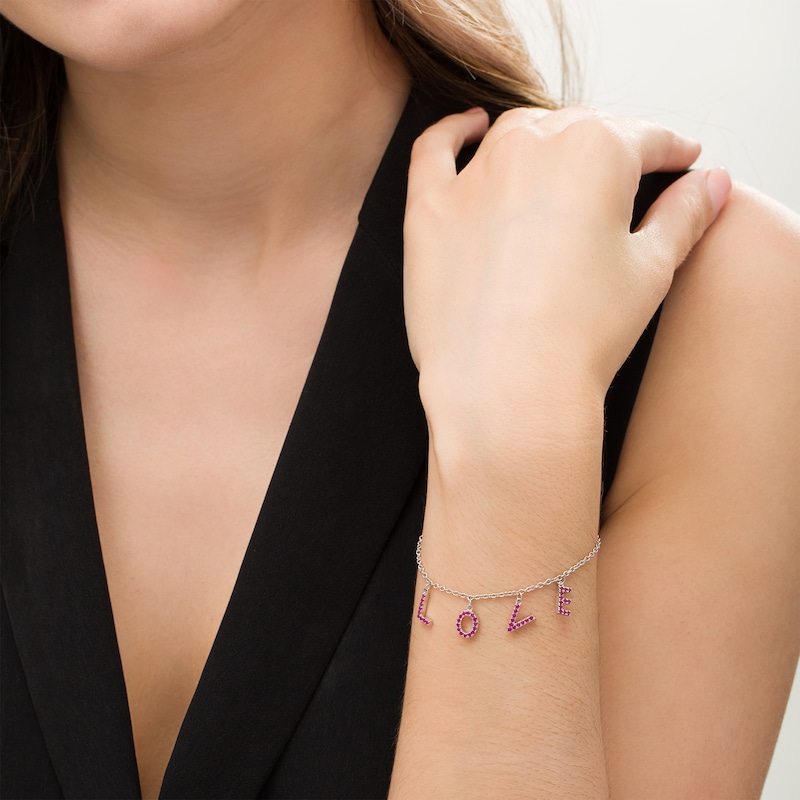 Main Image 2 of Ruby "LOVE" Letter Station Bracelet in Sterling Silver - 8"