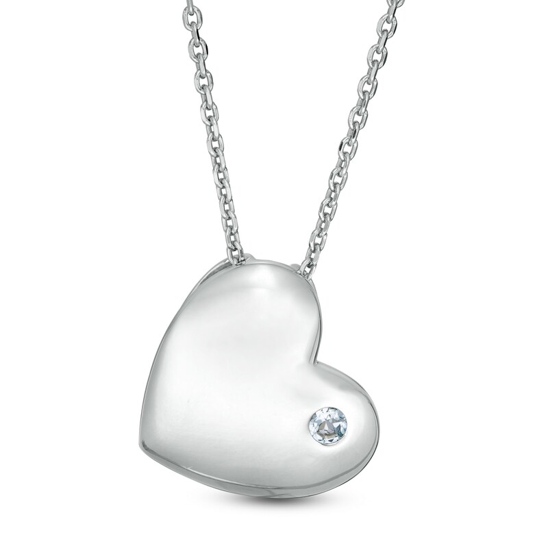 Main Image 1 of 4.0mm Aquamarine Solitaire Tilted Puff Heart Pendant in Sterling Silver