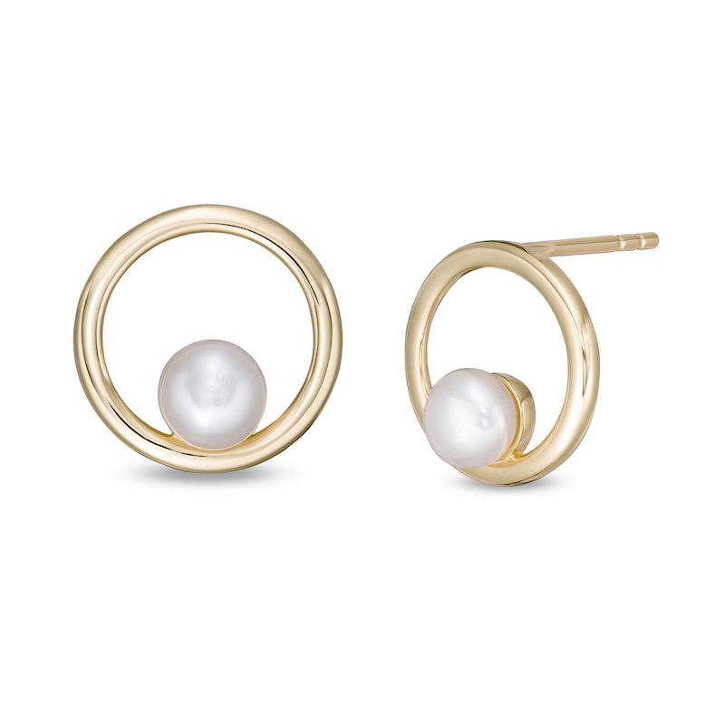 Main Image 1 of 4.0mm Button Freshwater Cultured Pearl Open Circle Stud Earrings in 10K Gold