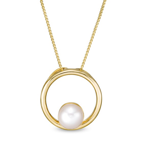 5.0mm Button Freshwater Cultured Pearl Open Circle Pendant in 10K Gold