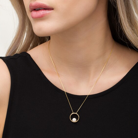 5.0mm Button Freshwater Cultured Pearl Open Circle Pendant in 10K Gold