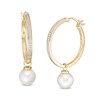 Thumbnail Image 1 of 7.0mm Button Freshwater Cultured Pearl and 1/10 CT. T.W Diamond Drop Hoop Earrings in 10K Gold
