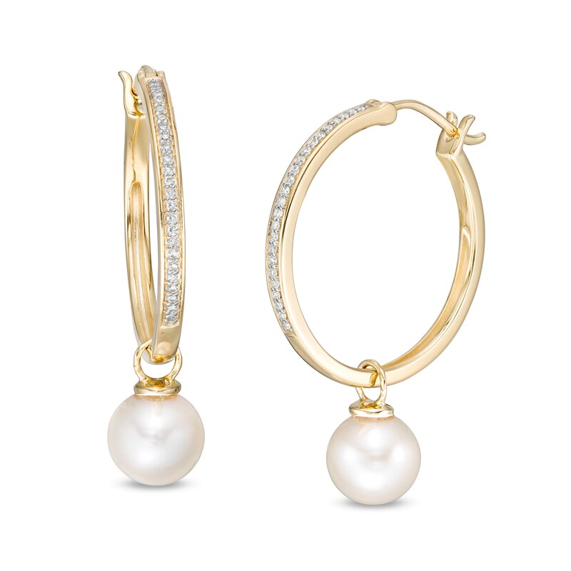 Main Image 1 of 7.0mm Button Freshwater Cultured Pearl and 1/10 CT. T.W Diamond Drop Hoop Earrings in 10K Gold