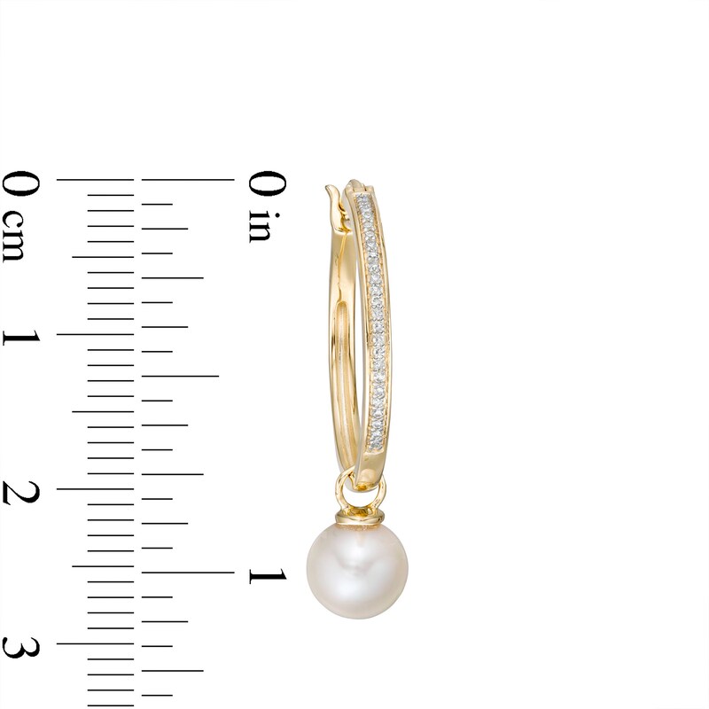 Main Image 3 of 7.0mm Button Freshwater Cultured Pearl and 1/10 CT. T.W Diamond Drop Hoop Earrings in 10K Gold