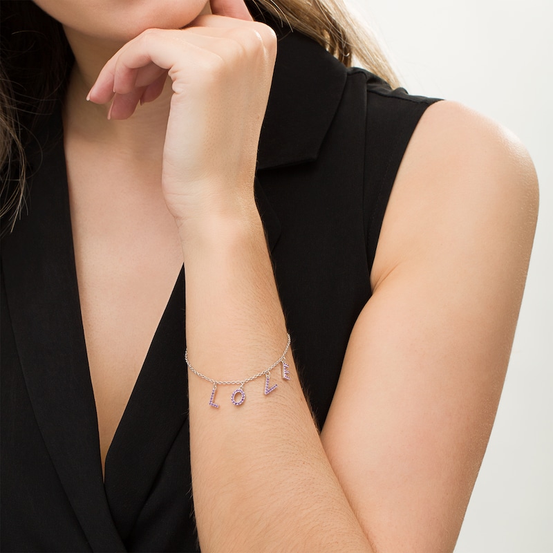 Main Image 2 of Amethyst "LOVE" Letter Station Bracelet in Sterling Silver - 8"