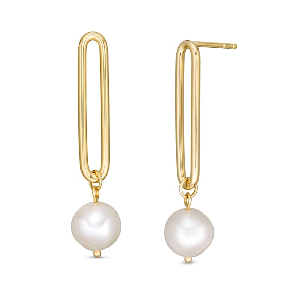 8.0-8.5mm Freshwater Cultured Pearl Paper Clip Drop Earrings in Sterling Silver with 18K Gold Plate