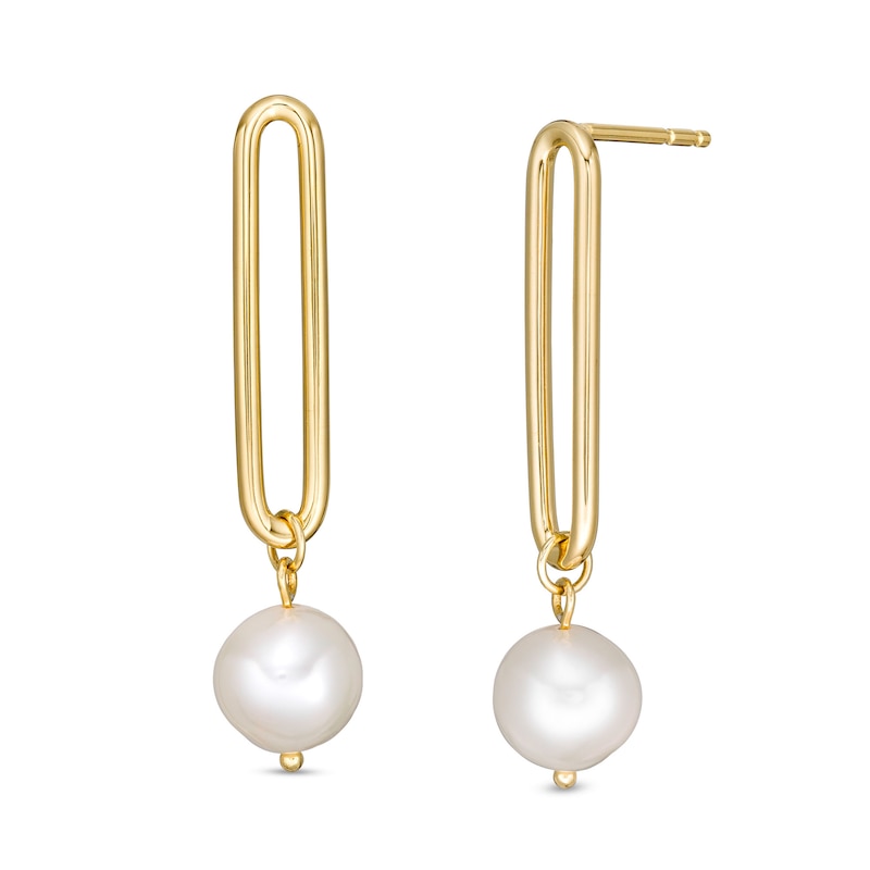 Main Image 1 of 8.0-8.5mm Freshwater Cultured Pearl Paper Clip Drop Earrings in Sterling Silver with 18K Gold Plate