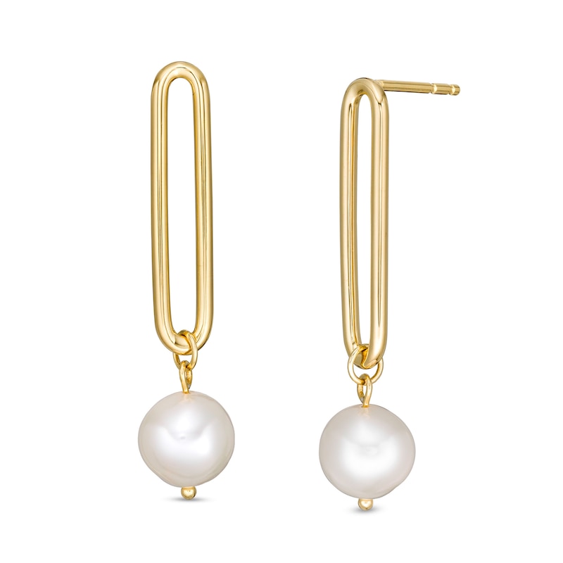 8.0-8.5mm Cultured Freshwater Pearl Paper Clip Drop Earrings in Sterling Silver with 18K Gold Plate