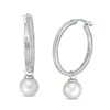 Thumbnail Image 1 of 7.0mm Button Freshwater Cultured Pearl and 1/10 CT. T.W Diamond Drop Hoop Earrings in 10K White Gold
