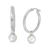 Thumbnail Image 0 of 7.0mm Button Cultured Freshwater Pearl and 1/10 CT. T.W Diamond Drop Hoop Earrings in 10K White Gold