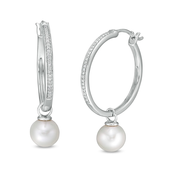 7.0mm Button Freshwater Cultured Pearl and 1/10 CT. T.W Diamond Drop Hoop Earrings in 10K White Gold