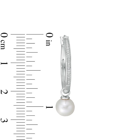 7.0mm Button Freshwater Cultured Pearl and 1/10 CT. T.W Diamond Drop Hoop Earrings in 10K White Gold