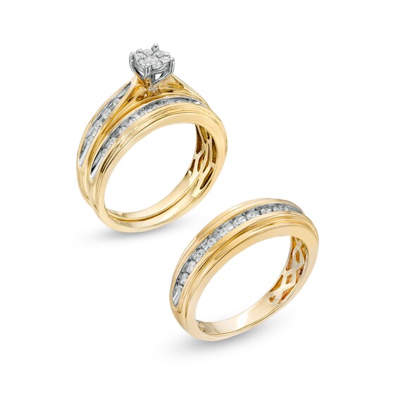 1/2 CT. T.w. Composite Diamond Wedding Ensemble in 10K Two-Tone Gold - Size 7 and 10.5